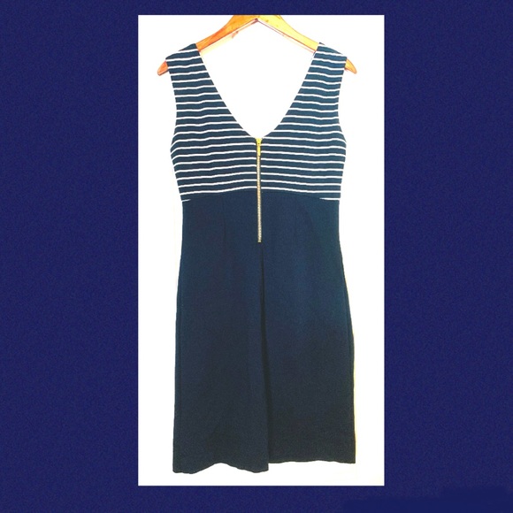 Dalia Collection Navy and White Striped Sheath Dress with Gold Zipper - Picture 2 of 3